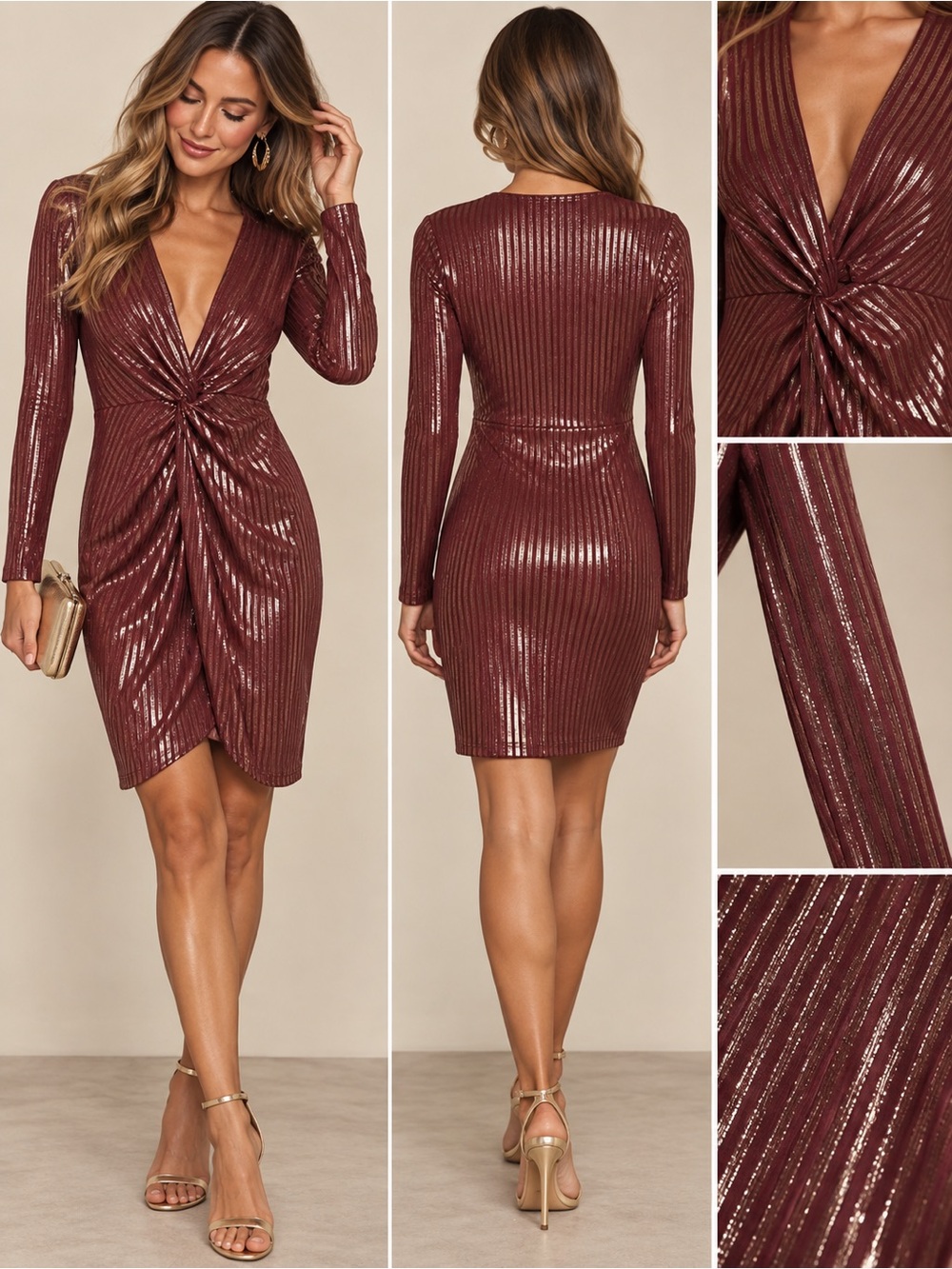 Lulu’s Dress Size Small Burgundy and Gold metallic - Picture 3 of 6
